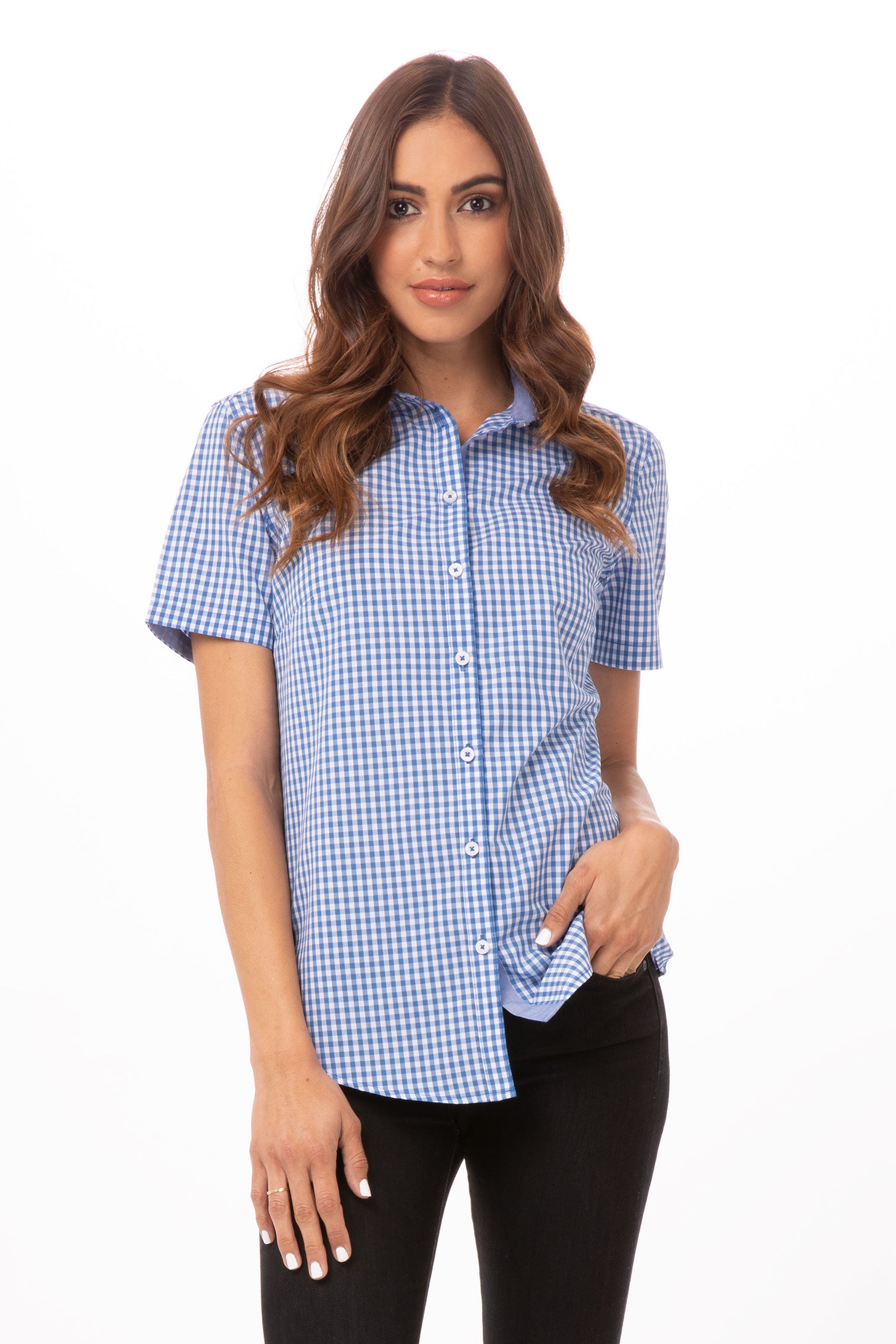 Modern Gingham Female Short Sleeves Dress Shirt