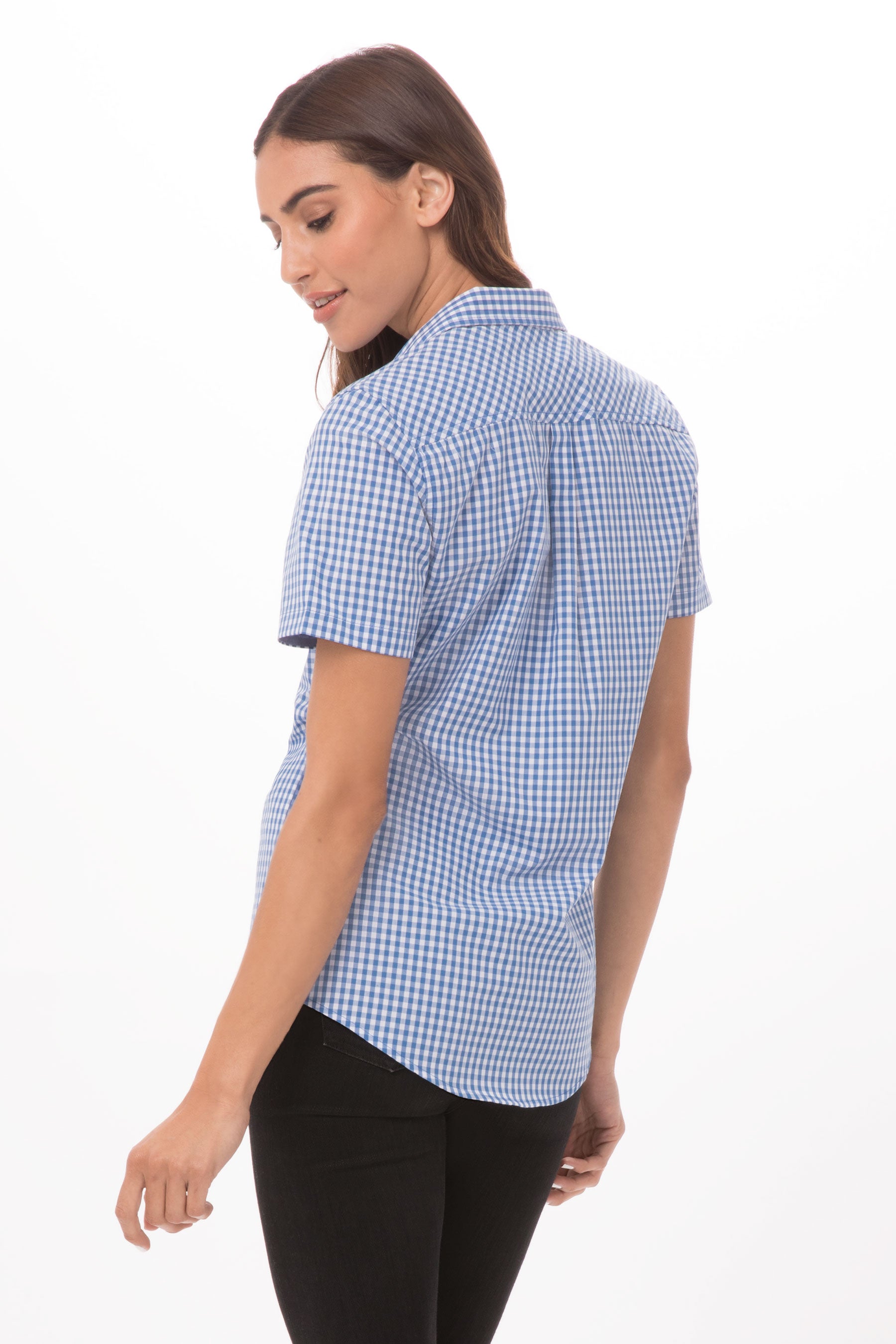 Modern Gingham Female Short Sleeves Dress Shirt
