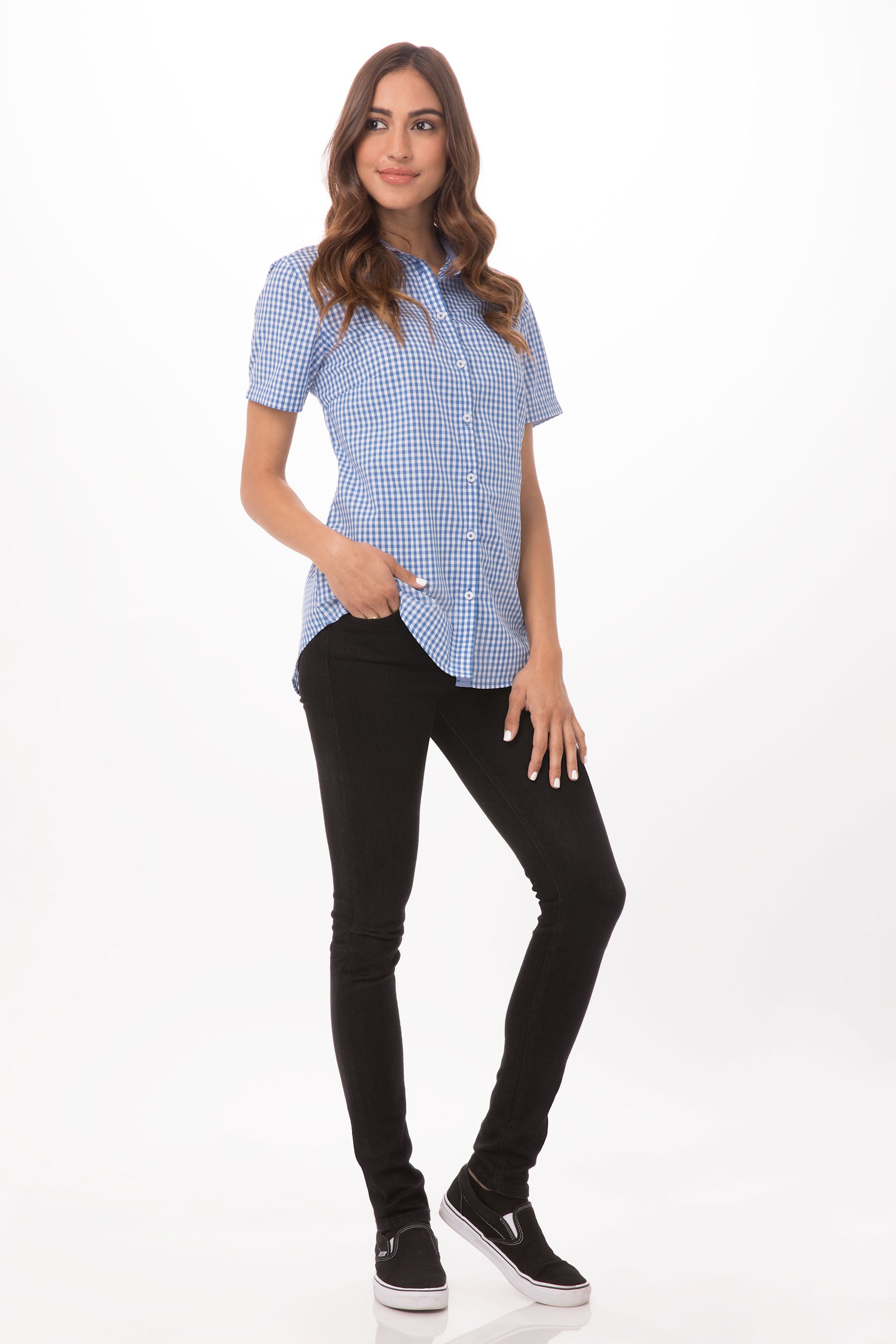 Modern Gingham Female Short Sleeves Dress Shirt